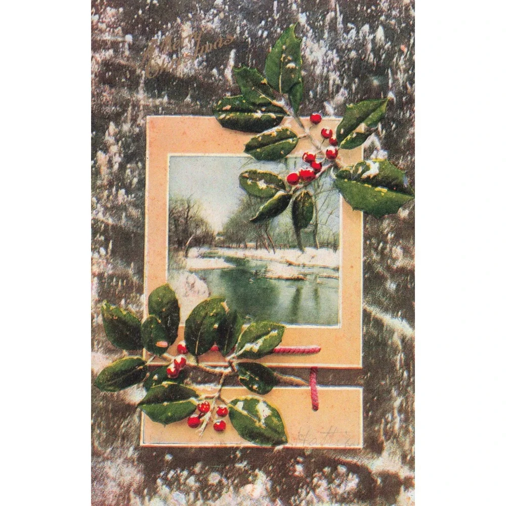 Vintage Christmas Postcard Winter River Landscape Holly Berries Divided Back